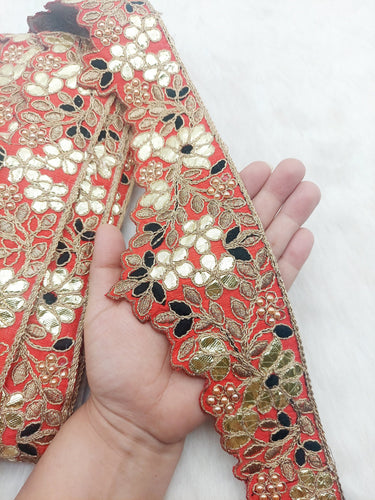 Art Silk Fabric Trim, Floral Embroidery Gold Gota Patti Indian Sari Border Trim By Yard Decorative Trim, Embroidered Indian Foil Work